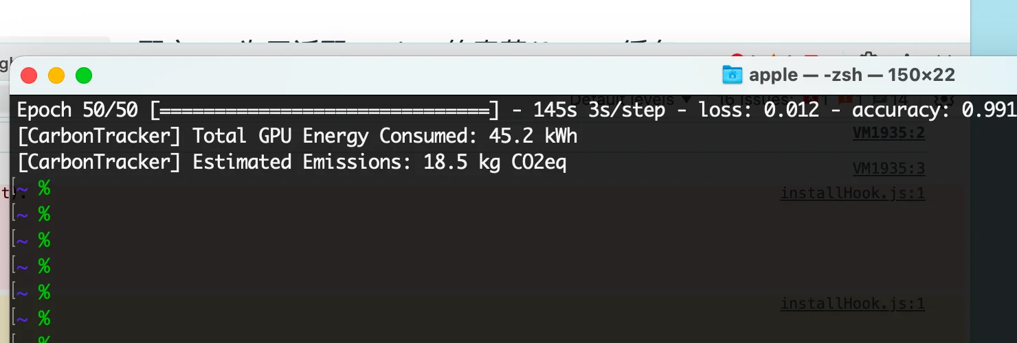 Terminal showing CarbonTracker output - 45.2 kWh energy consumed during ML training job