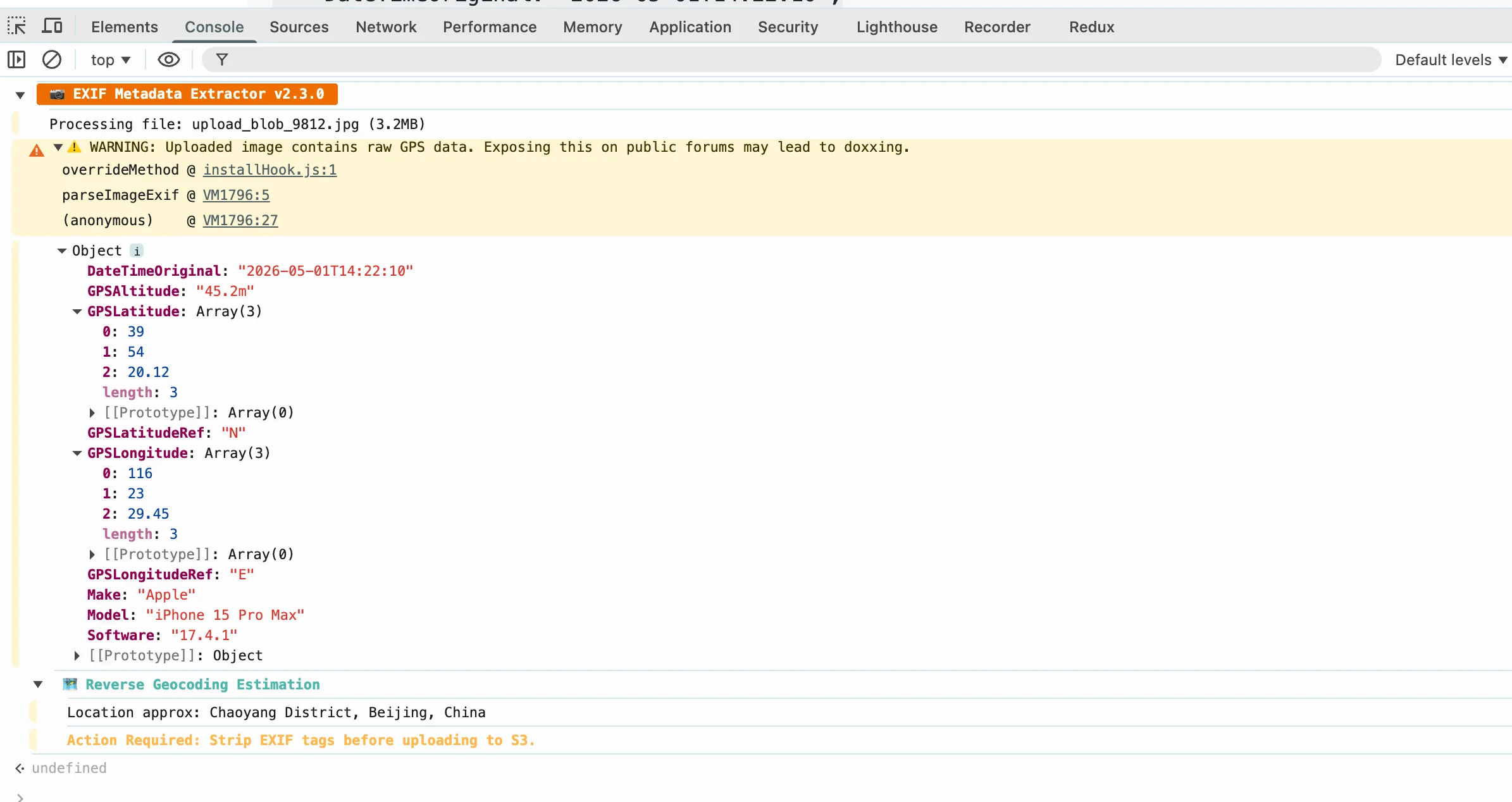 Browser Console showing EXIF metadata extraction - GPS coordinates, altitude, device info exposed