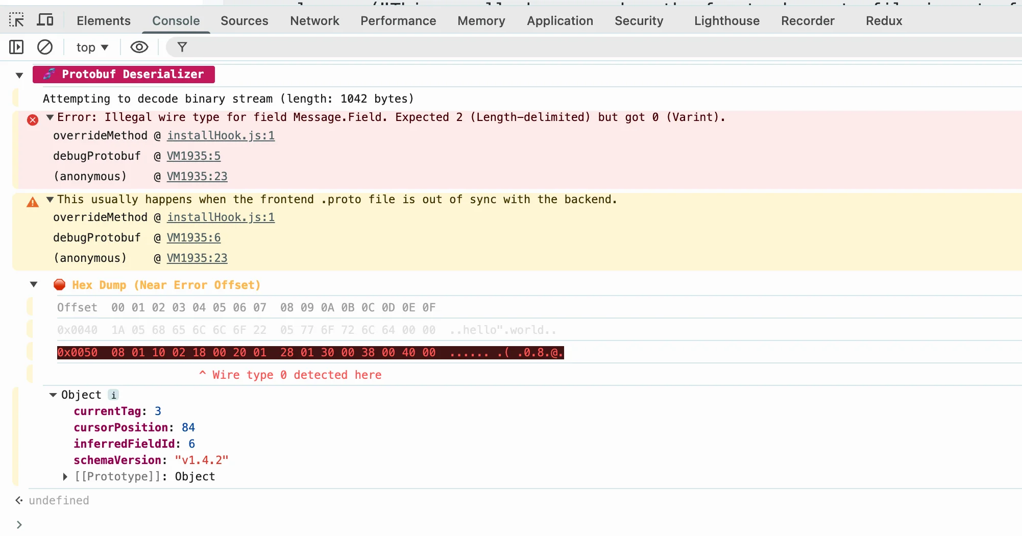Browser DevTools Console showing Protobuf wire type decoding error - expected length-delimited but got varint