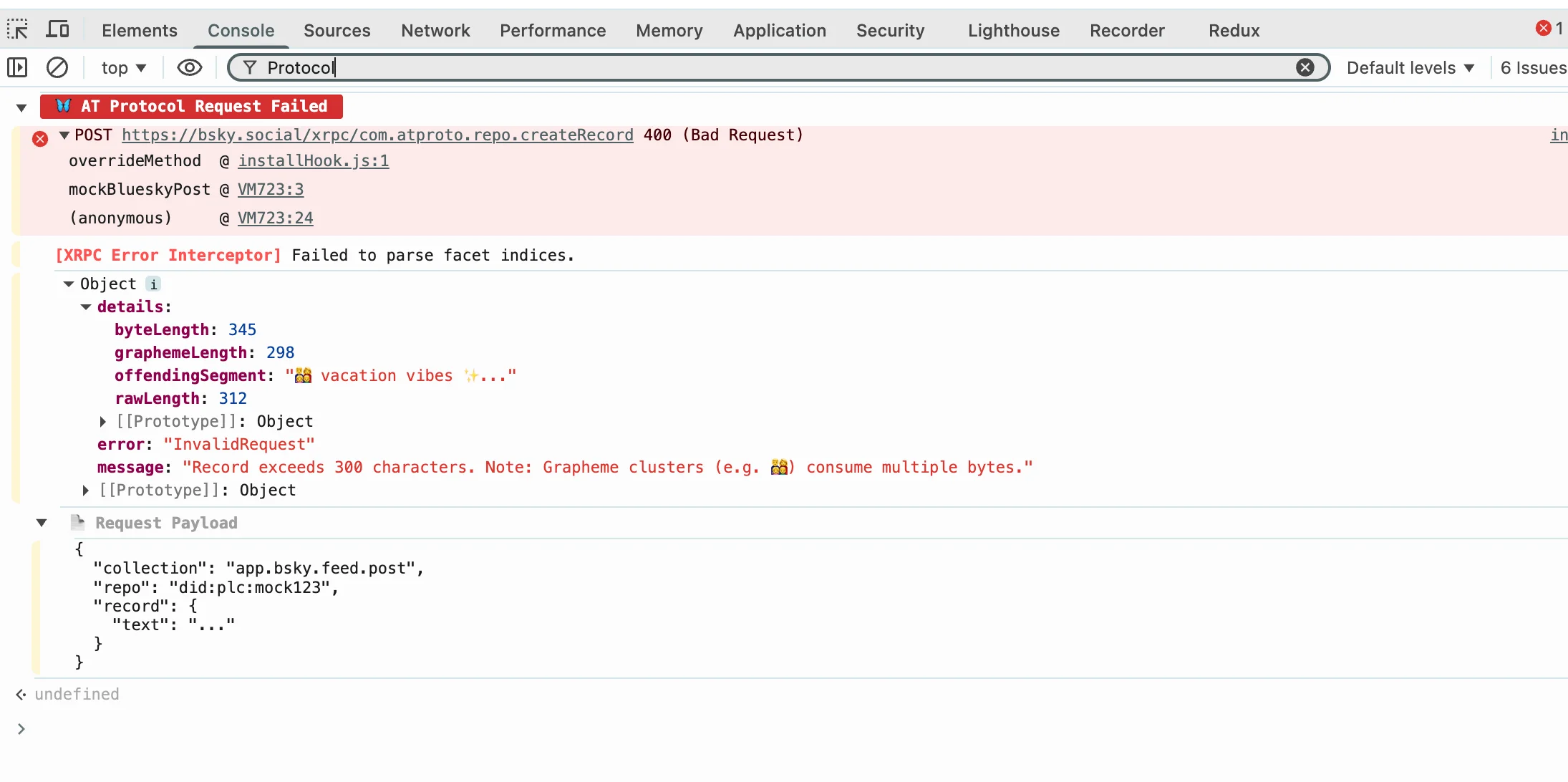 Browser console showing AT Protocol API error with InvalidRequest message about record exceeding character limit