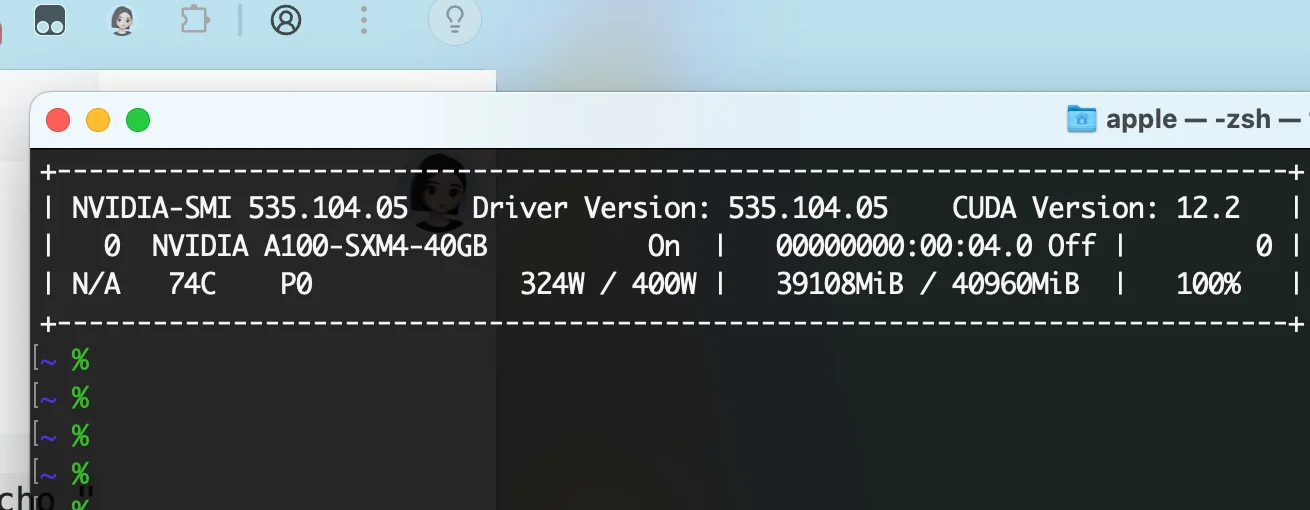 Terminal showing NVIDIA-SMI output with GPU temperature at 74C and 100% utilization consuming 324W
