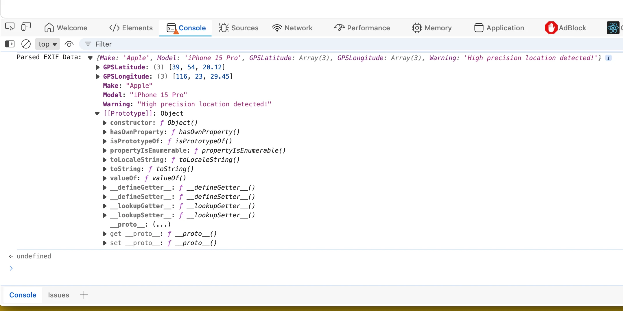 Browser console showing parsed EXIF metadata including GPS coordinates, altitude, device model and timestamps