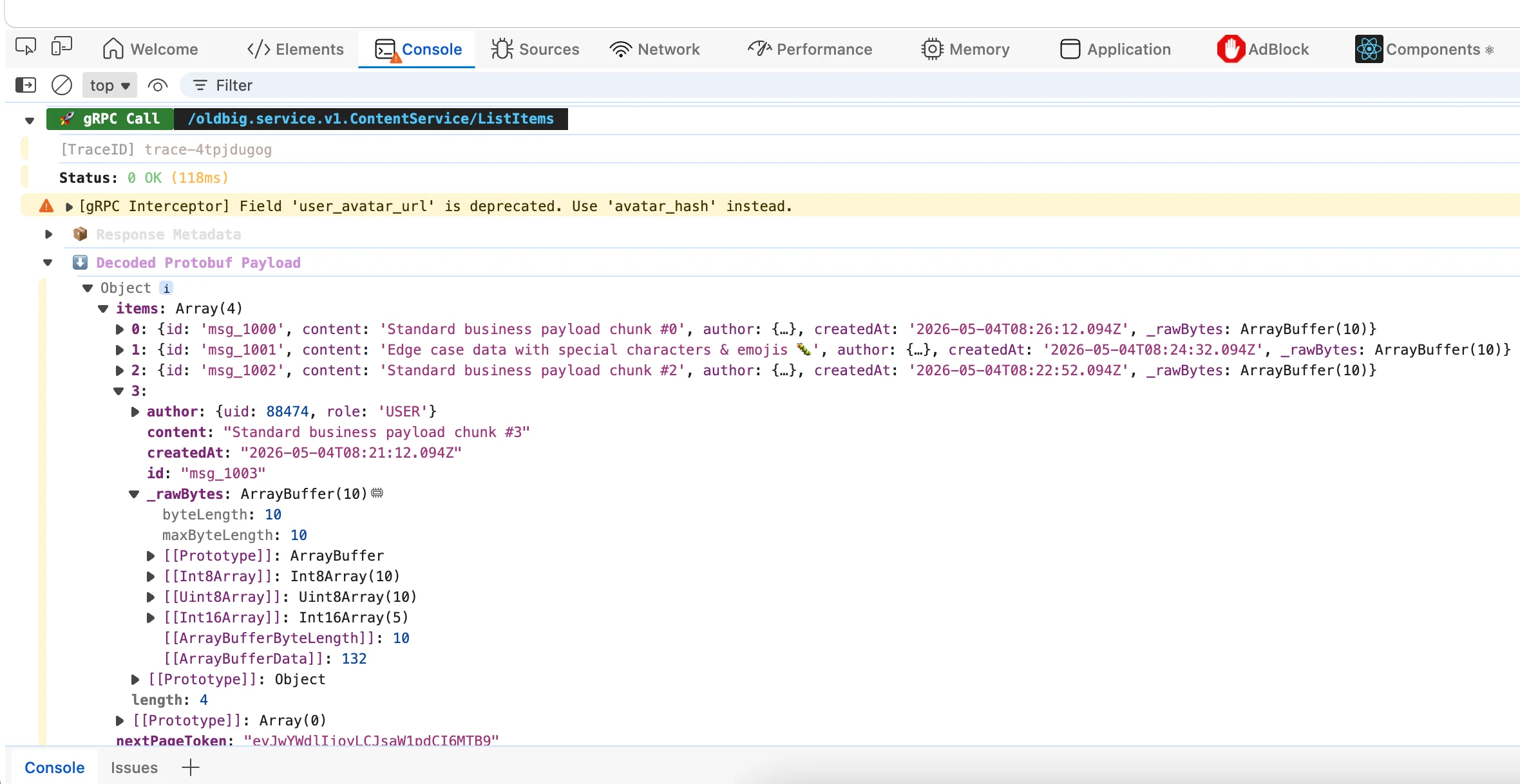 Chrome DevTools Network panel showing gRPC call with metadata, TraceID, and decoded protobuf payload
