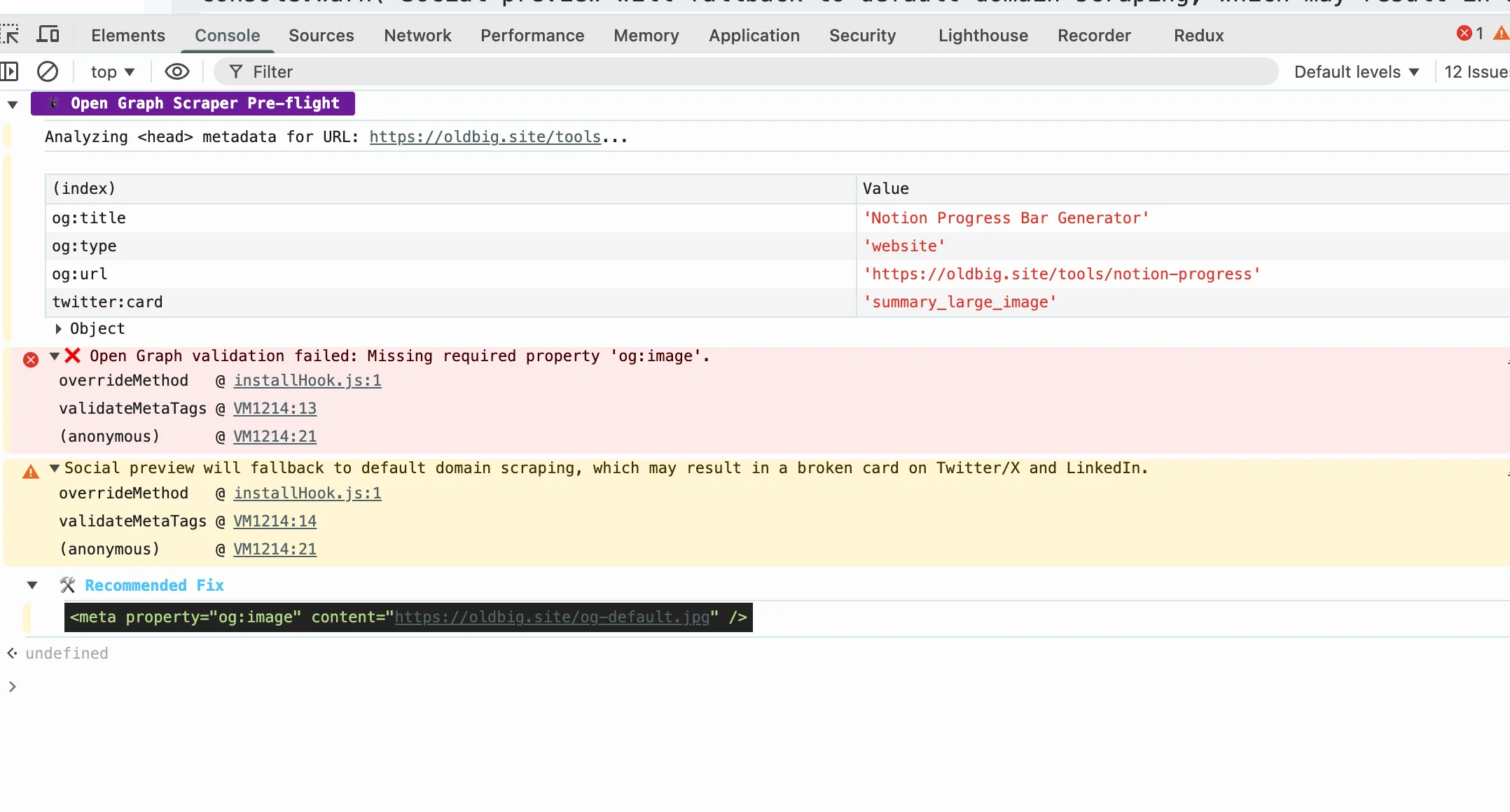 Browser console showing Open Graph validation error - missing required property og:image