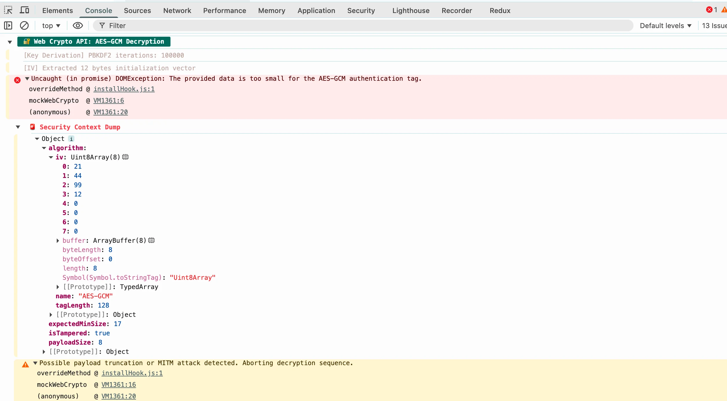 Browser console showing Web Crypto API AES-GCM decryption error - authentication tag validation failed