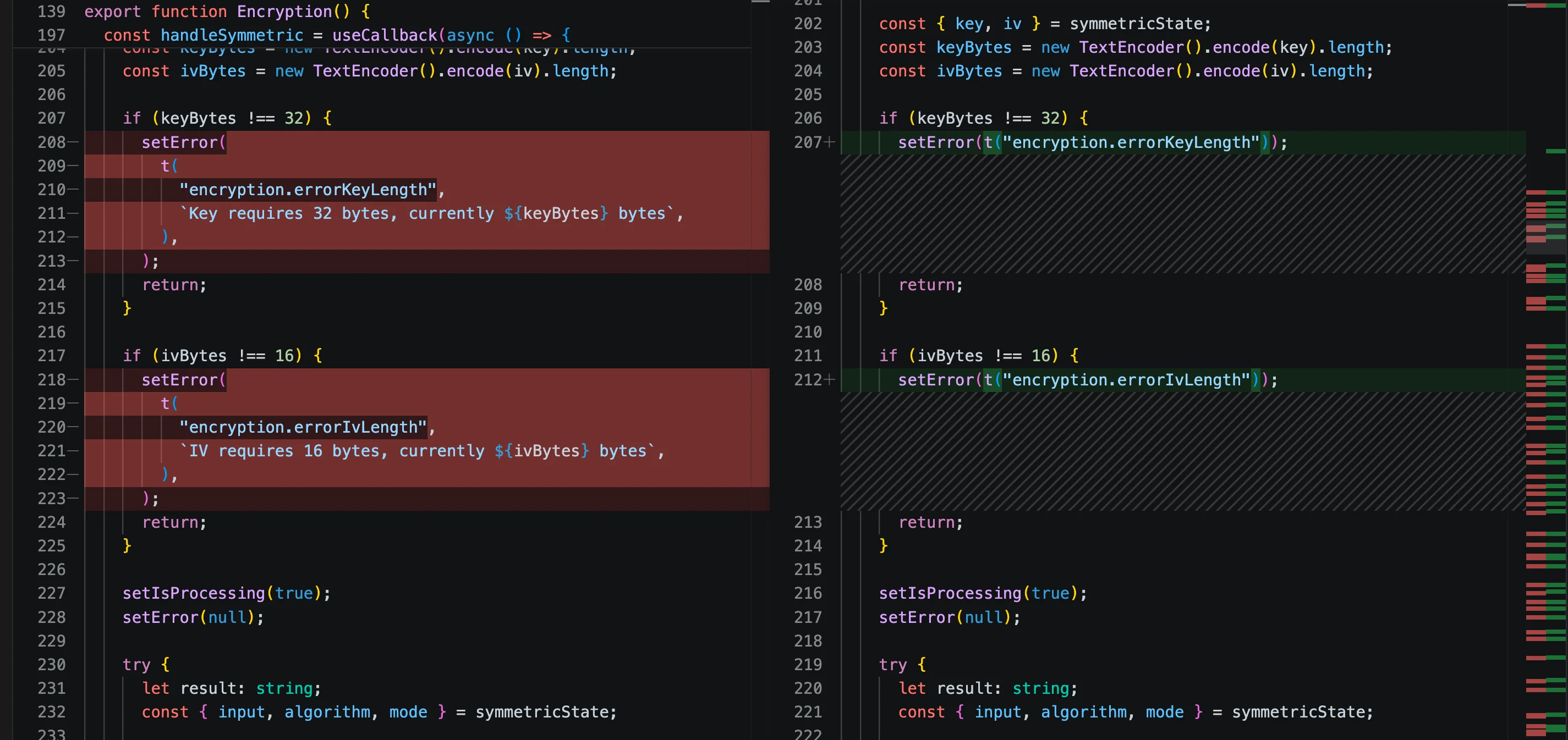 VS Code Git source control panel showing code diff with red deletions and green additions